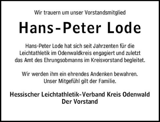 Traueranzeige von Hans-Peter Lode von vrm-trauer Odenwälder Echo