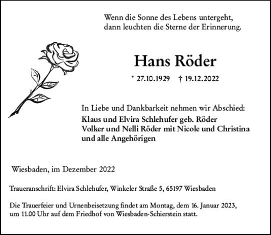 Traueranzeige von Hans Röder von vrm-trauer Wiesbadener Kurier