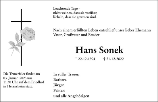 Traueranzeige von Hans Sonek von vrm-trauer Wormser Zeitung