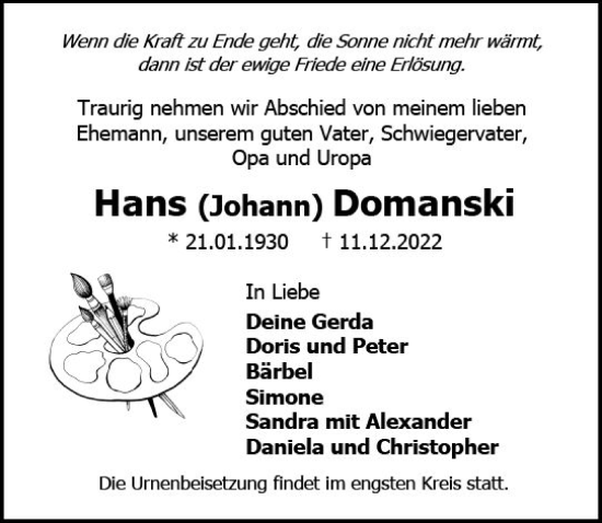 Traueranzeige von Hans Johann Domanski von vrm-trauer Rheingau