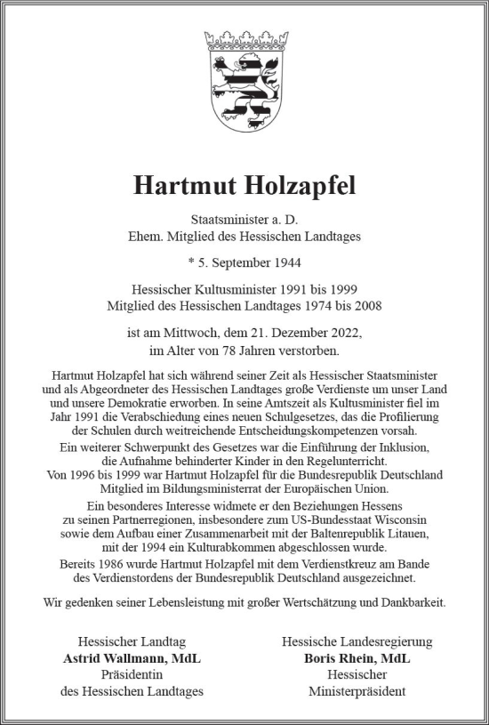 Traueranzeige von Hartmut Holzapfel von vrm-trauer Wiesbadener Kurier