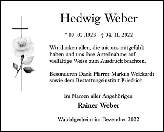 Traueranzeige von Hedwig Weber von vrm-trauer Allgemeine  Zeitung Ingelheim-Bingen