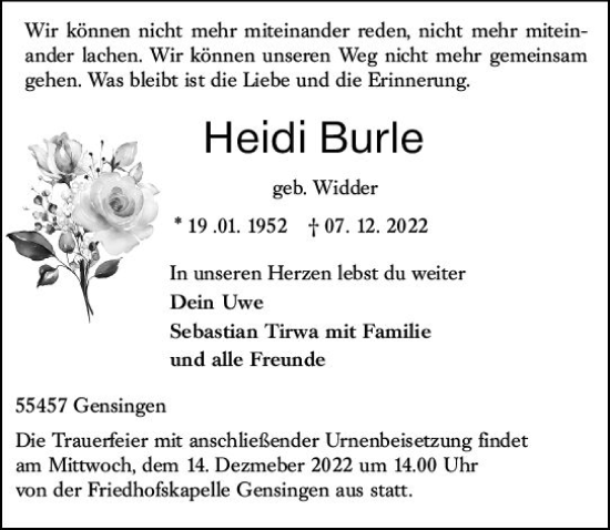 Traueranzeige von Heidi Burle von vrm-trauer Allgemeine  Zeitung Ingelheim-Bingen