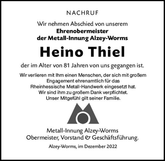 Traueranzeige von Heino Thiel von vrm-trauer Wormser Zeitung
