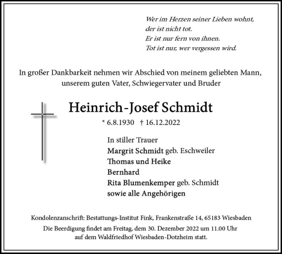 Traueranzeige von Heinrich-Josef Schmidt von vrm-trauer Wiesbadener Kurier