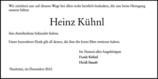 Traueranzeige von Heinz Kühnl von vrm-trauer Rüsselsheimer Echo / MainSpitze