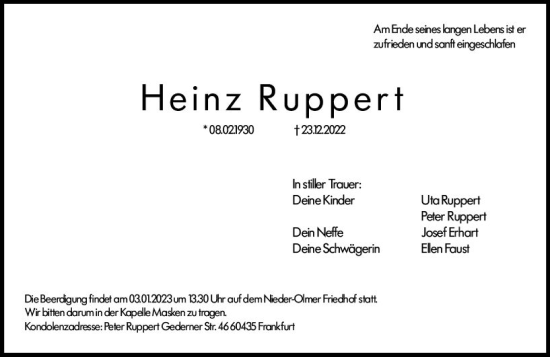 Traueranzeige von Heinz Ruppert von vrm-trauer AZ Mainz
