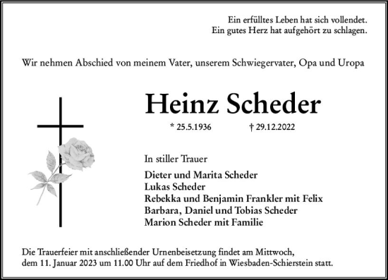 Traueranzeige von Heinz Scheder von vrm-trauer Wiesbadener Kurier