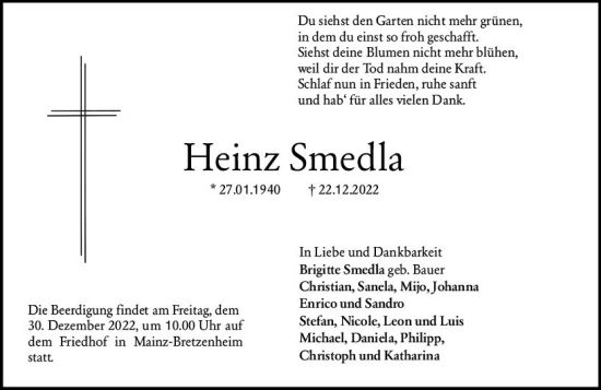 Traueranzeige von Heinz Smedla von vrm-trauer AZ Mainz