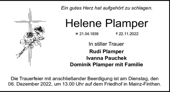 Traueranzeige von Helene Plamper von vrm-trauer AZ Mainz