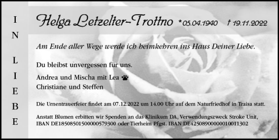 Traueranzeige von Helga Letzelter-Trottno von vrm-trauer Darmstädter Echo