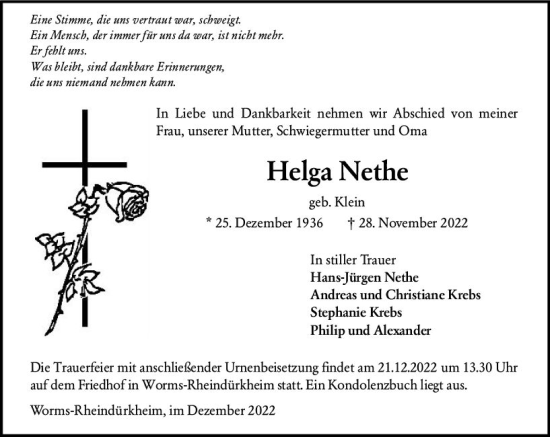 Traueranzeige von Helga Nethe von vrm-trauer Wormser Zeitung