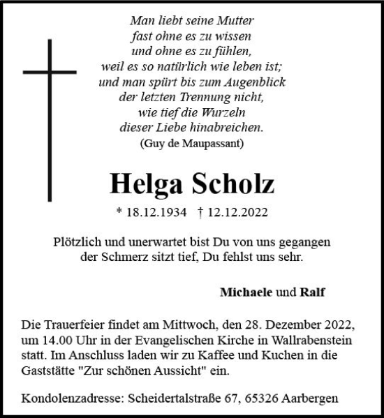 Traueranzeige von Helga Scholz von vrm-trauer Wiesbadener Kurier