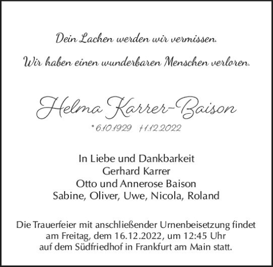 Traueranzeige von Helma Karrer-Baison von vrm-trauer Hochheimer Zeitung