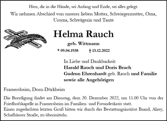 Traueranzeige von Helma Rauch von vrm-trauer Allgemeine Zeitung Alzey