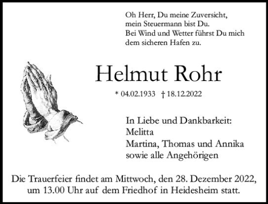 Traueranzeige von Helmut Rohr von vrm-trauer AZ Mainz