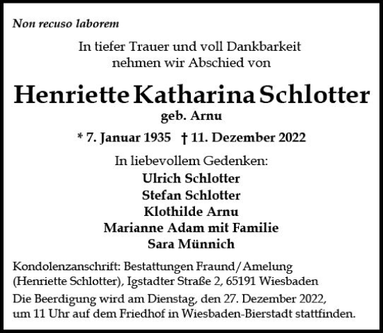 Traueranzeige von Henriette Katharina Schiotter von vrm-trauer Wiesbadener Kurier