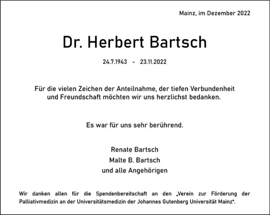 Traueranzeige von Herbert Bartsch von vrm-trauer AZ Mainz