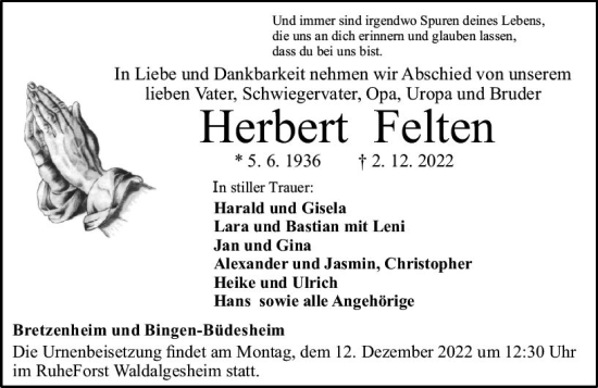 Traueranzeige von Herbert Felten von vrm-trauer Allgemeine  Zeitung Ingelheim-Bingen