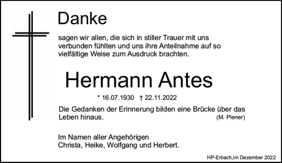Traueranzeige von Hermann Antes von vrm-trauer Bürstädter/Lamperth. Ztg/Starkenburger