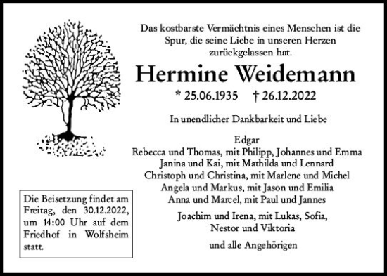 Traueranzeige von Hermine Weidemann von vrm-trauer Allgemeine  Zeitung Ingelheim-Bingen