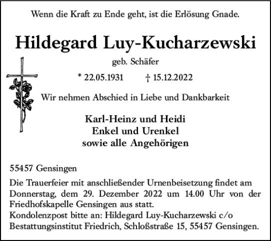 Traueranzeige von Hildegard Luy-Kucharzewski von vrm-trauer Neue Binger Zeitung