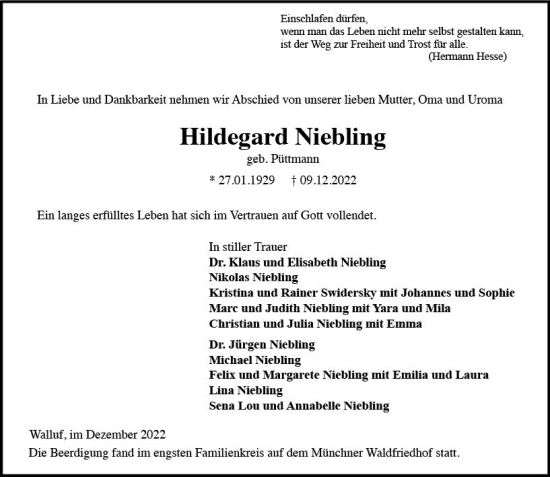 Traueranzeige von Hildegard Niebling von vrm-trauer Wiesbadener Kurier