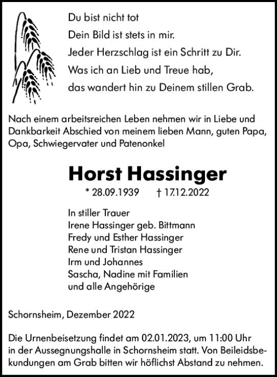 Traueranzeige von Horst Hassinger von vrm-trauer Allgemeine Zeitung Alzey