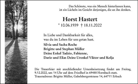 Traueranzeige von Horst Hastert von vrm-trauer Odenwälder Echo