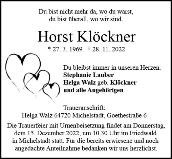 Traueranzeige von Horst Klöckner von vrm-trauer Odenwälder Echo