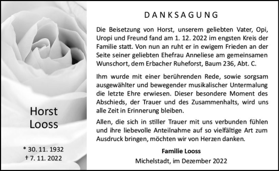 Traueranzeige von Horst Looss von vrm-trauer Odenwälder Echo