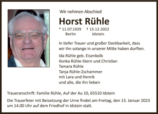 Traueranzeige von Horst Rühle von vrm-trauer Idsteiner Zeitung