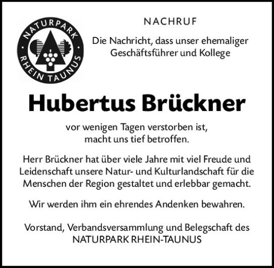 Traueranzeige von Hubertus Brückner von vrm-trauer Wiesbadener Kurier