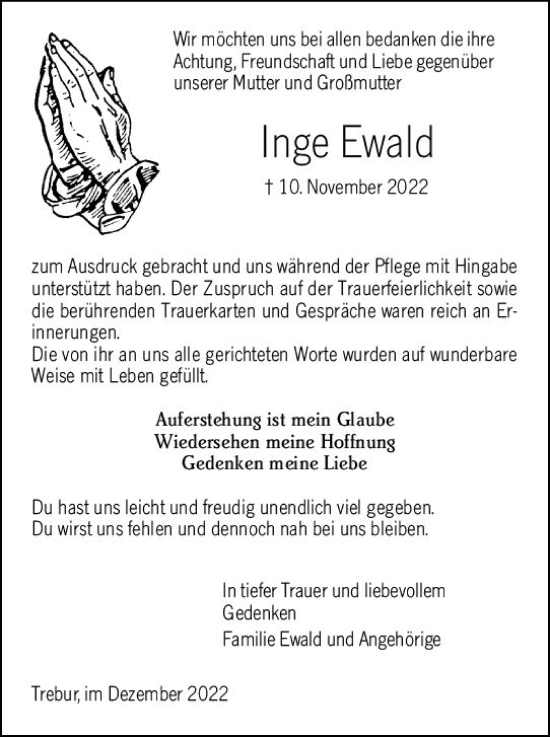 Traueranzeige von Inge Ewald von vrm-trauer Groß-Gerauer Echo