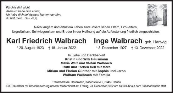 Traueranzeige von Inge Walbrach von vrm-trauer Idsteiner Zeitung
