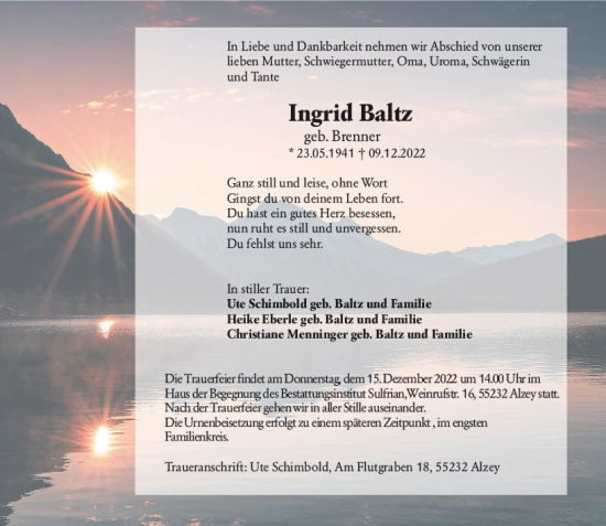Traueranzeige von Ingrid Balle von vrm-trauer Allgemeine Zeitung Alzey