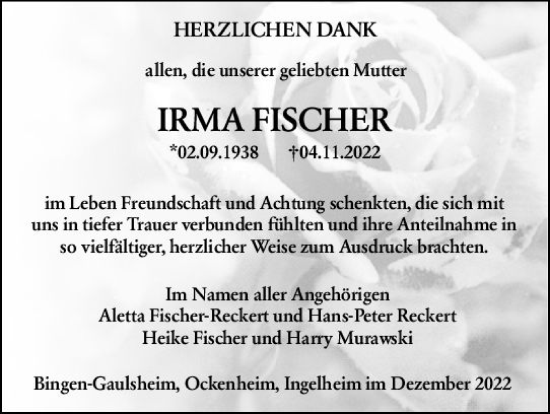 Traueranzeige von Irma Fischer von vrm-trauer Allgemeine  Zeitung Ingelheim-Bingen