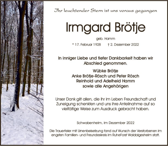 Traueranzeige von Irmgard Brötje von vrm-trauer Allgemeine  Zeitung Ingelheim-Bingen