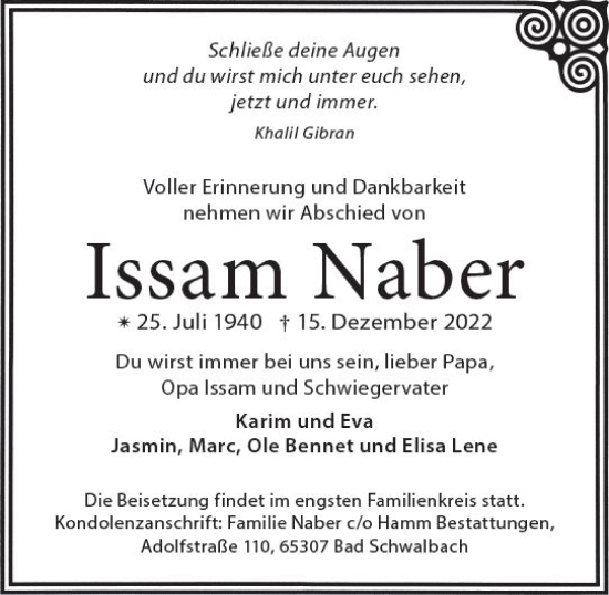 Traueranzeige von Issam Naber von vrm-trauer Wiesbadener Kurier