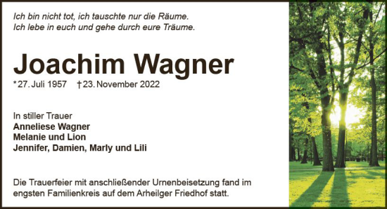 Traueranzeige von Joachim Wagner von vrm-trauer Darmstädter Echo