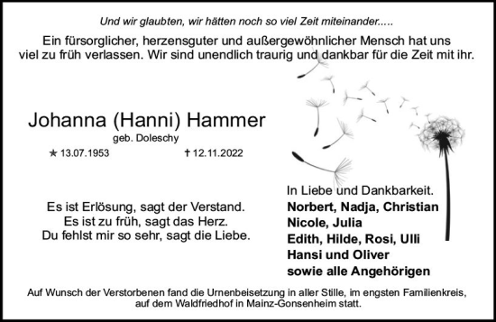 Traueranzeige von Johanna Hammer von vrm-trauer AZ Mainz