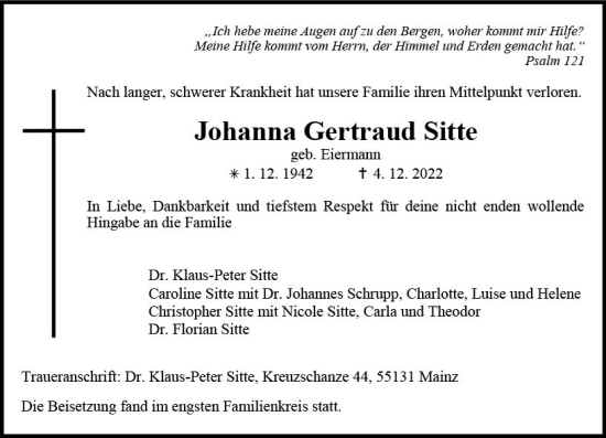 Traueranzeige von Johanna Gertraud Sitte von vrm-trauer AZ Mainz