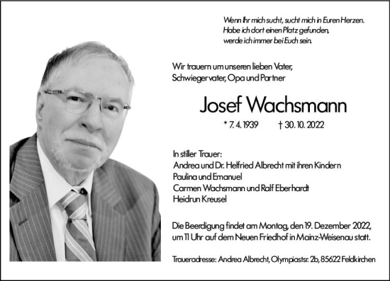 Traueranzeige von Josef Wachsmann von vrm-trauer AZ Mainz
