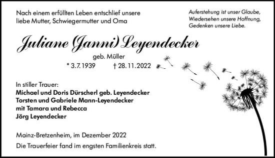 Traueranzeige von Juliane Leyendecker von vrm-trauer AZ Mainz