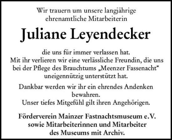 Traueranzeige von Juliane Leyendecker von vrm-trauer AZ Mainz