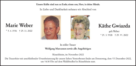 Traueranzeige von Käthe Gwiazda von vrm-trauer Rüsselsheimer Echo / MainSpitze