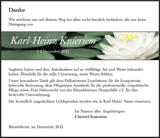 Traueranzeige von Karl-Heinz Knieriem von vrm-trauer Rüsselsheimer Echo / MainSpitze