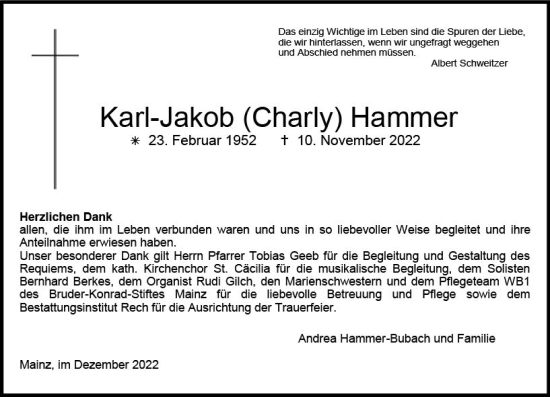 Traueranzeige von Karl-Jakob Hammer von vrm-trauer AZ Mainz