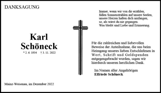 Traueranzeige von Karl Schöneck von vrm-trauer AZ Mainz