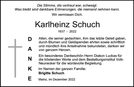 Traueranzeige von Karlheinz Schuch von vrm-trauer AZ Mainz